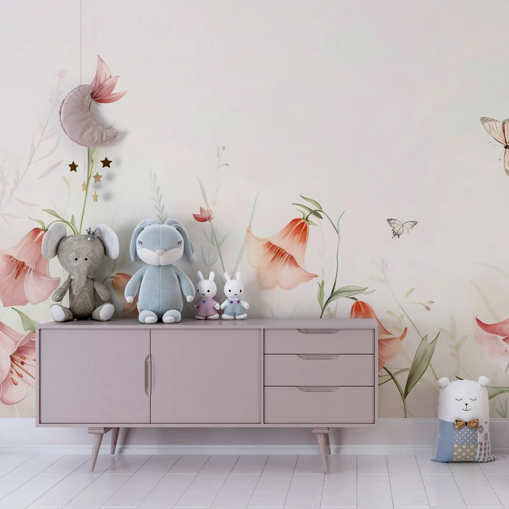 Nursery room wallpaper | Gyengéd virágszimfónia és finom pillangók