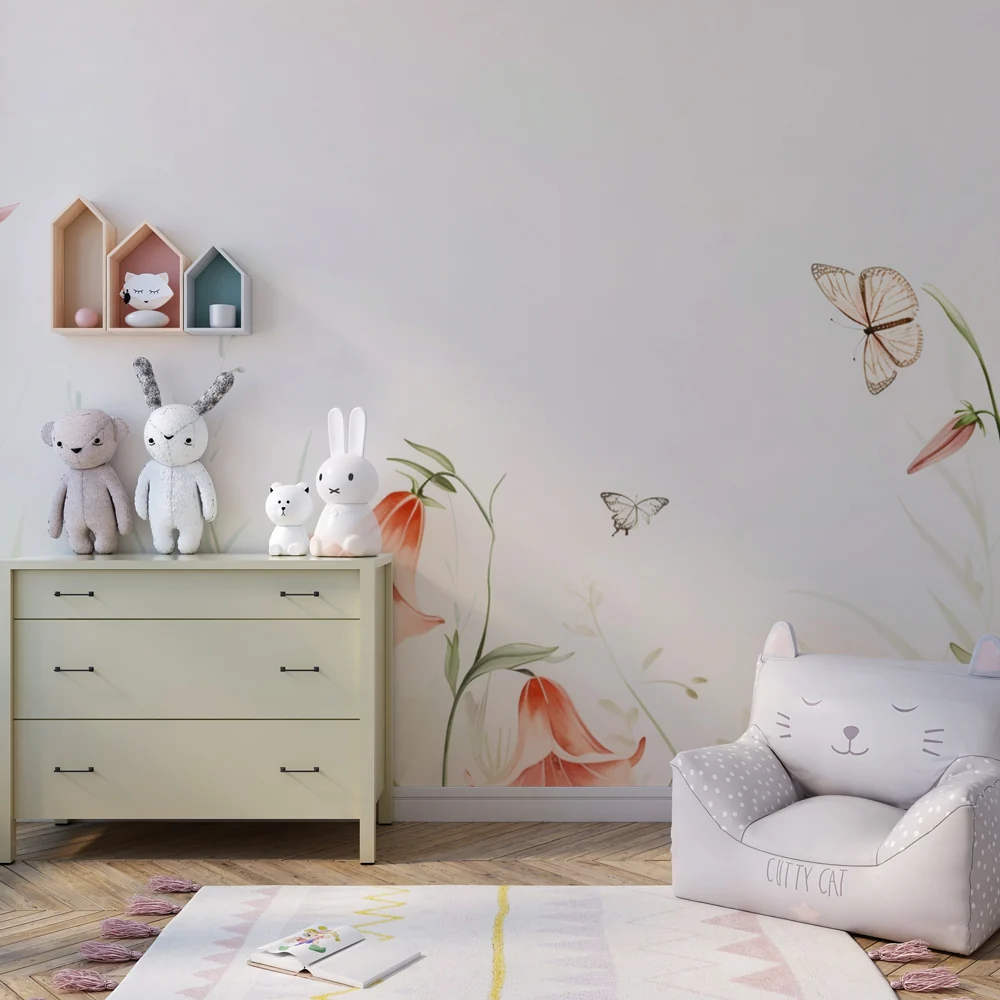 Nursery room wallpaper | Gyengéd virágszimfónia és finom pillangók