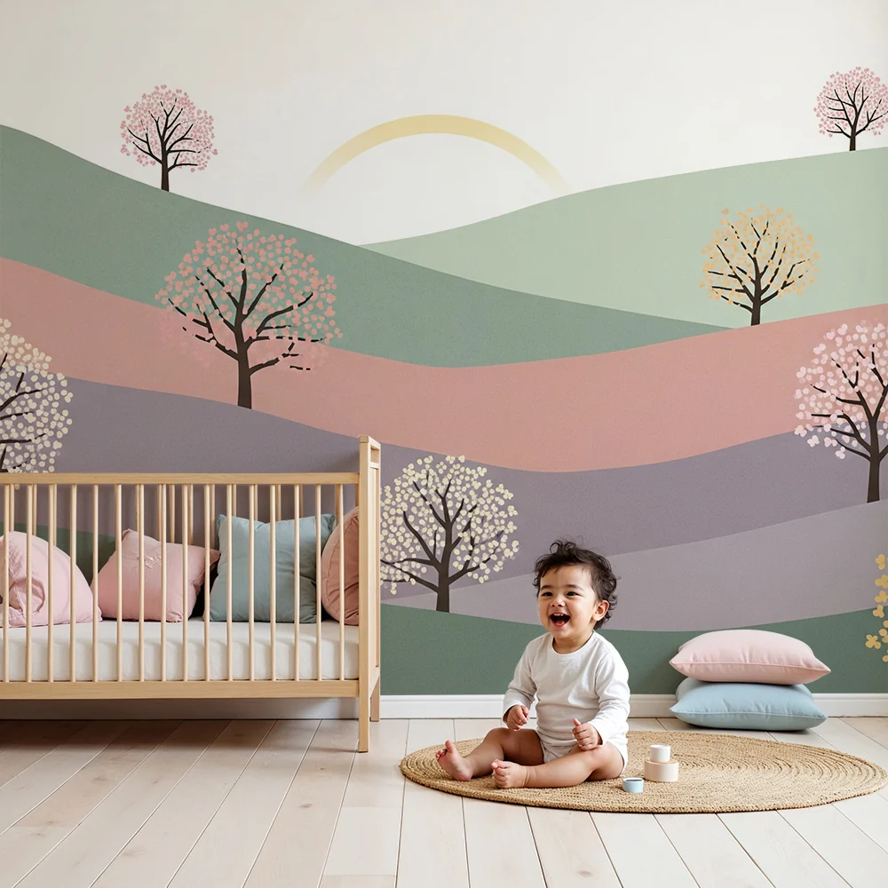 Nursery room wallpaper | Gyengéd táj virágzó fákkal és pasztell dombokkal