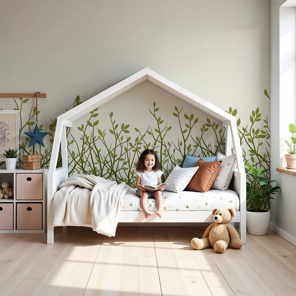 Nursery room wallpaper | Gyengéd zöld hajszálak semleges háttéren