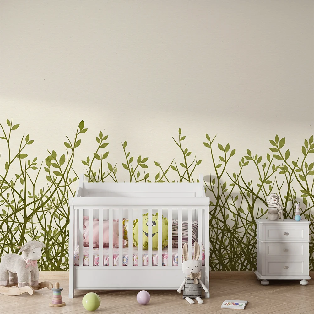 Nursery room wallpaper | Gyengéd zöld hajszálak semleges háttéren