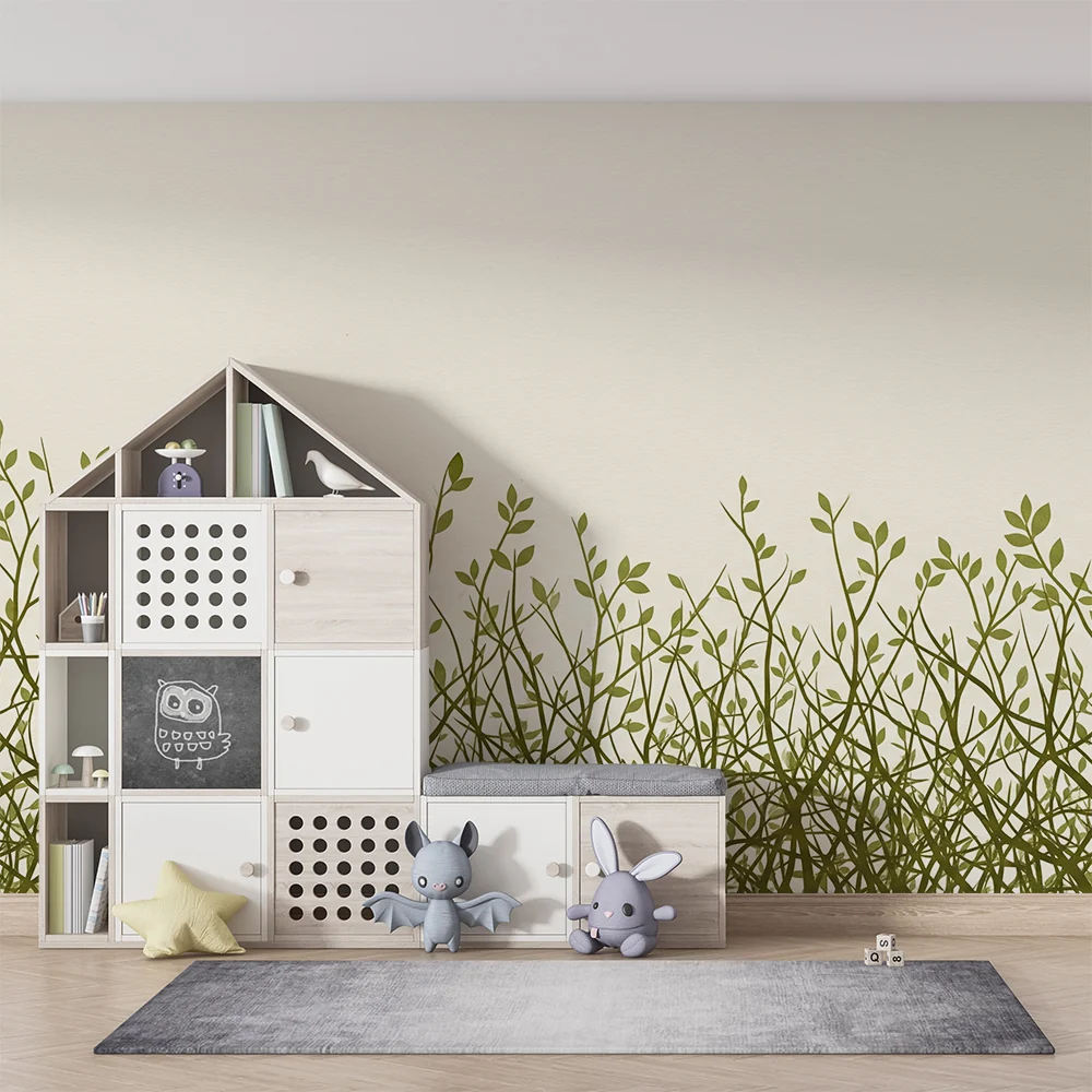 Nursery room wallpaper | Gyengéd zöld hajszálak semleges háttéren