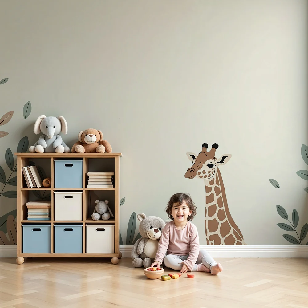 Nursery room wallpaper | Gyengéd zsiráf nyugtató lombbalétával