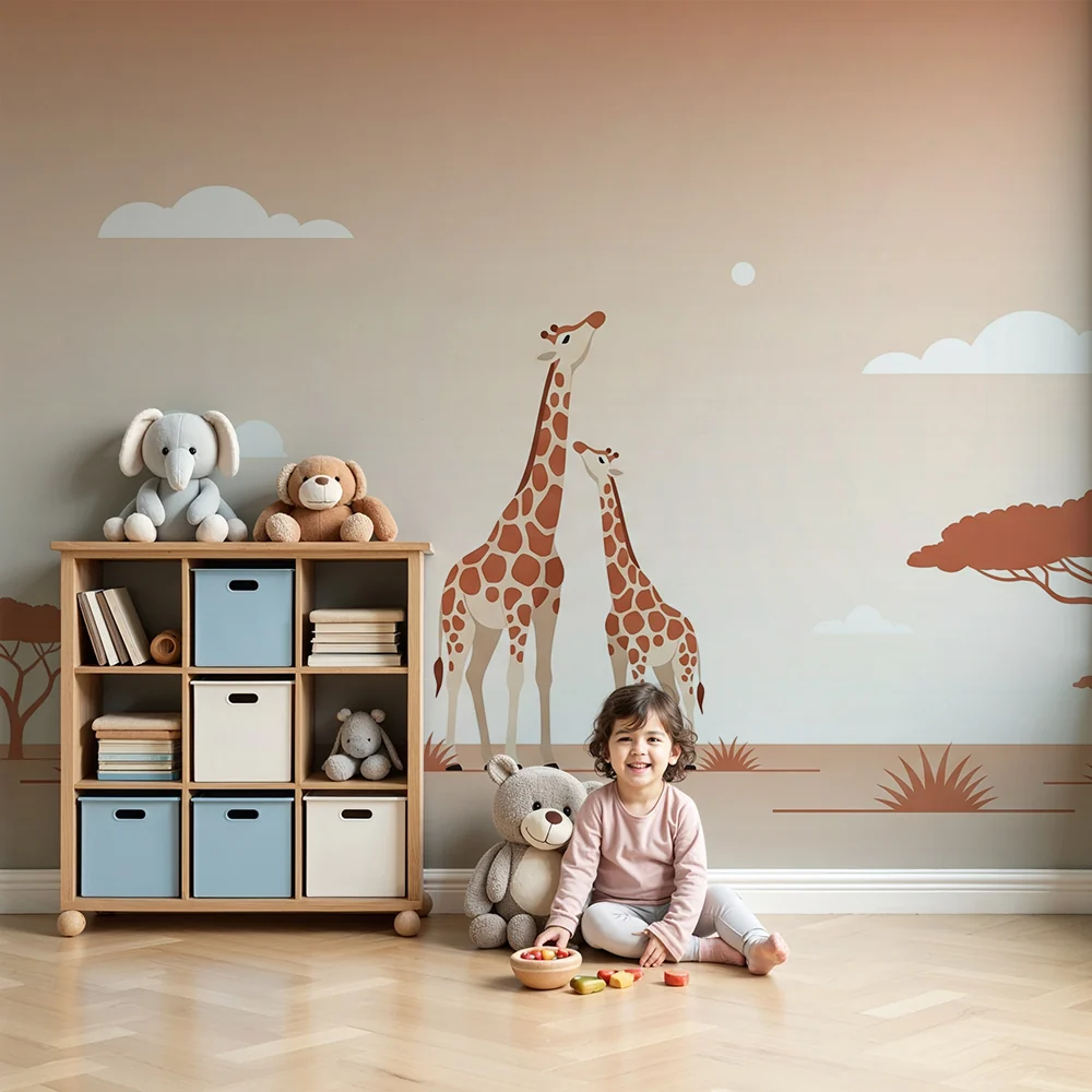 Nursery room wallpaper | Gyengéd zsiráfok pasztell égbolt alatt