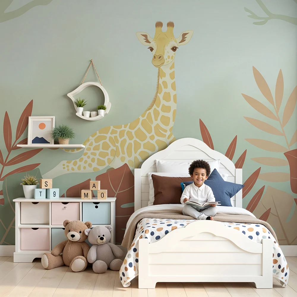 Nursery room wallpaper | Gyenge zsiráf színes levelek között
