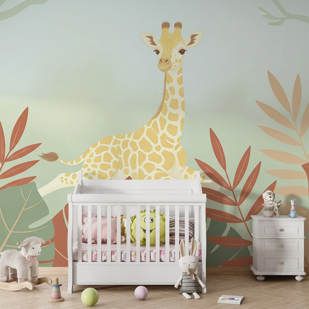 Nursery room wallpaper | Gyenge zsiráf színes levelek között