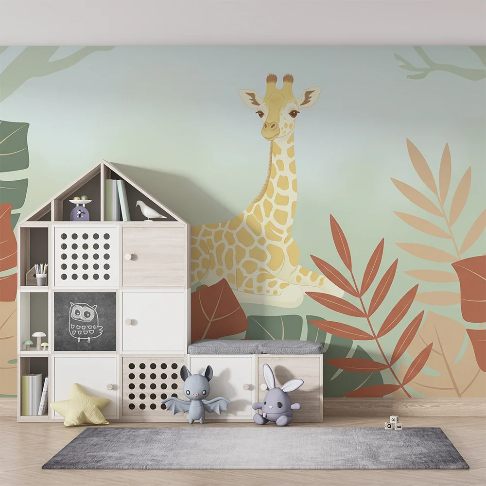Nursery room wallpaper | Gyenge zsiráf színes levelek között