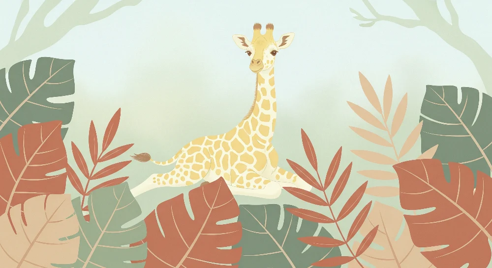 Nursery room wallpaper | Gyenge zsiráf színes levelek között