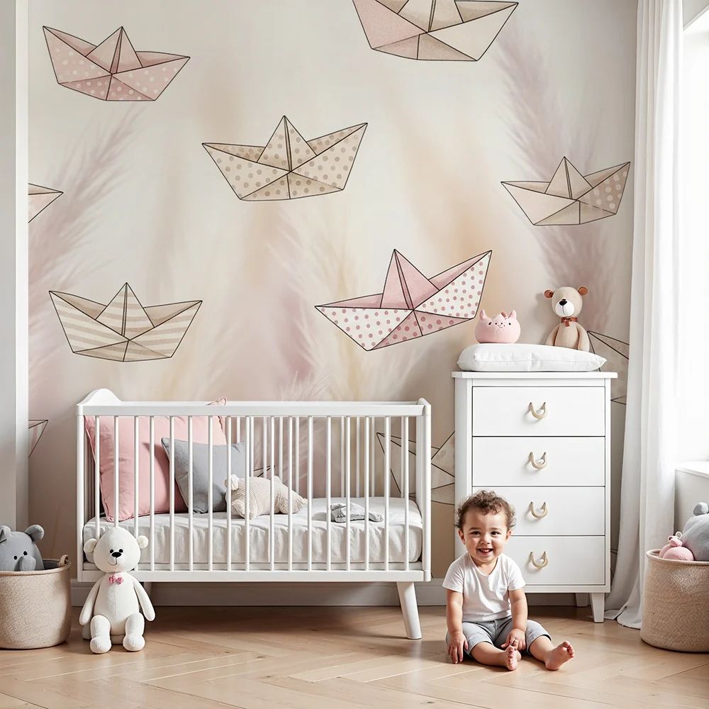 Nursery room wallpaper | Hajók origami puha és természetes háttéren