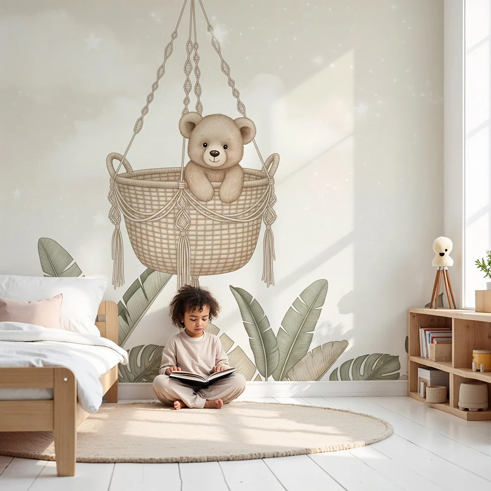 Nursery room wallpaper | Hanging teddy bear and tropical foliage