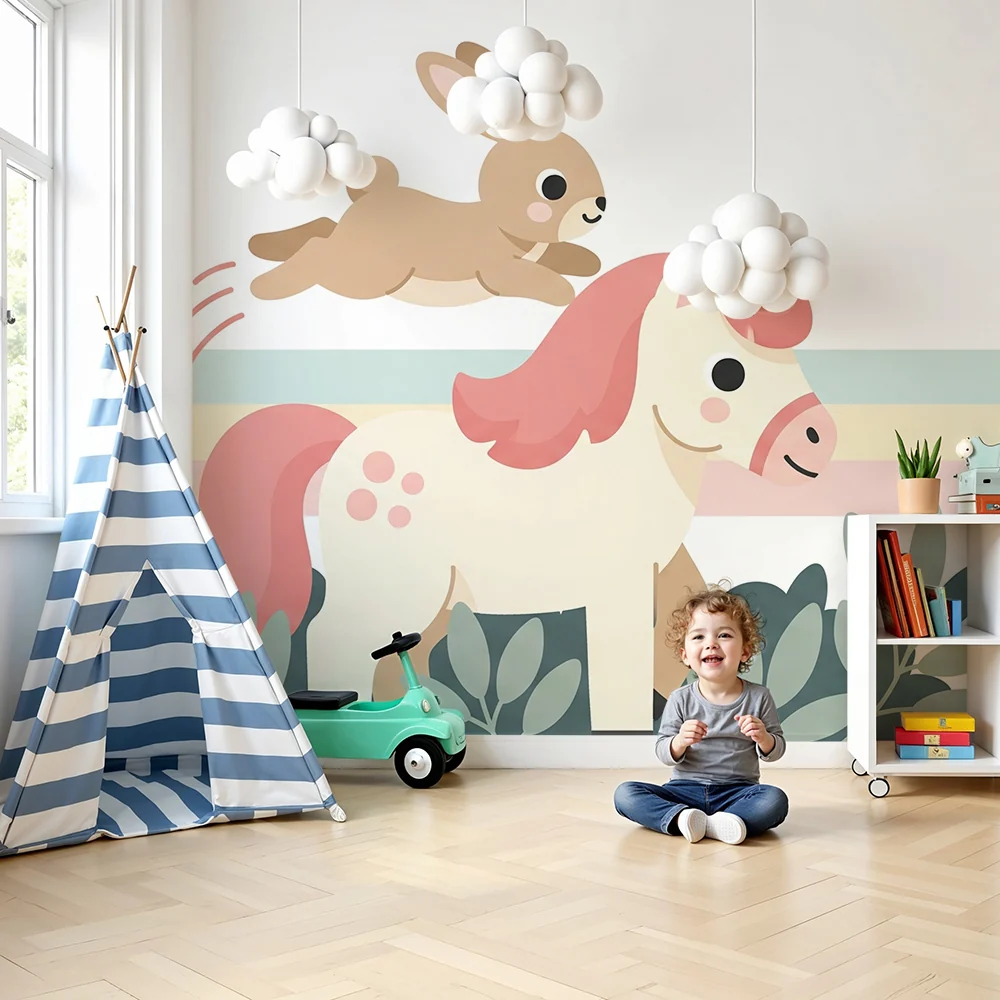 Nursery room wallpaper | Happy pony and rabbit