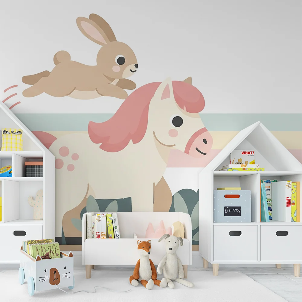 Nursery room wallpaper | Happy pony and rabbit