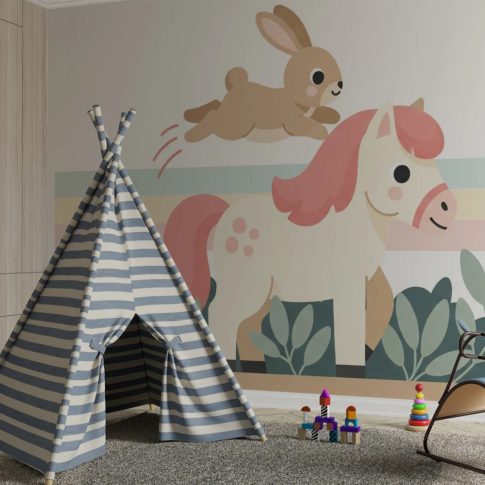 Nursery room wallpaper | Happy pony and rabbit