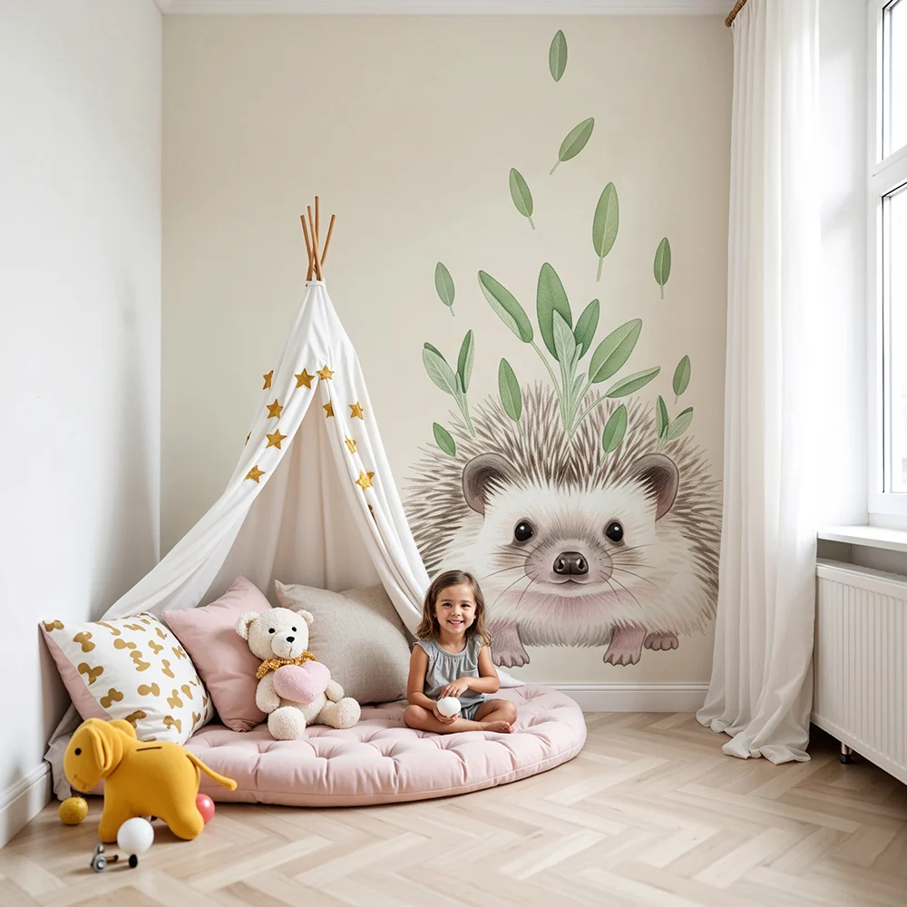 Nursery room wallpaper | Hedgehog and soft greenery