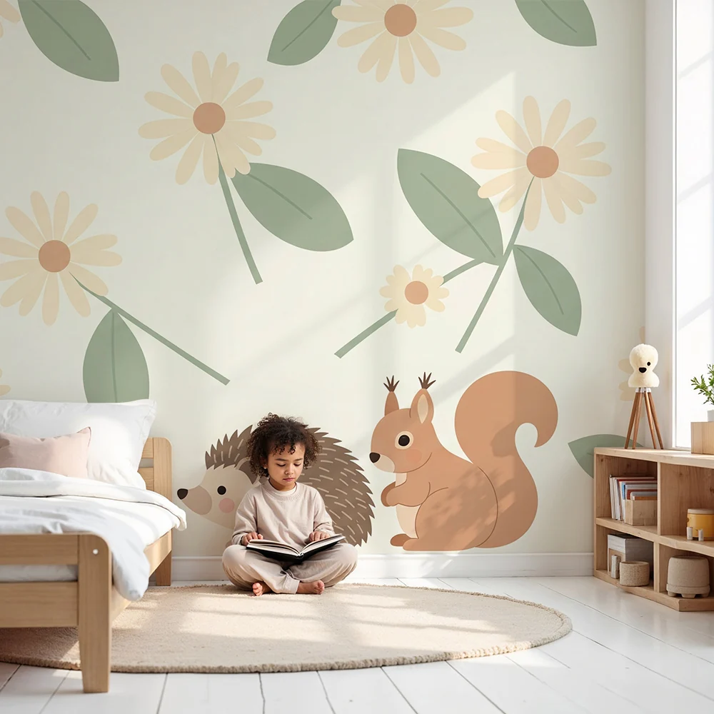 Nursery room wallpaper | Hedgehog and squirrel middle flowers