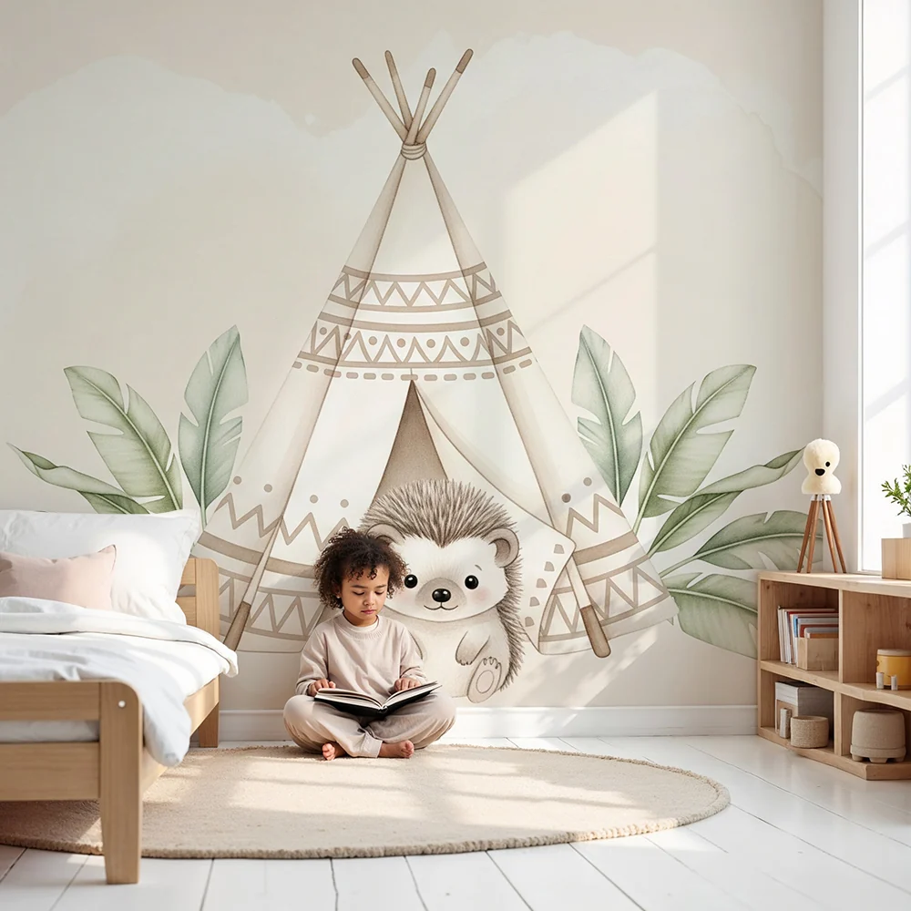 Nursery room wallpaper | Hedgehog and teepee nature