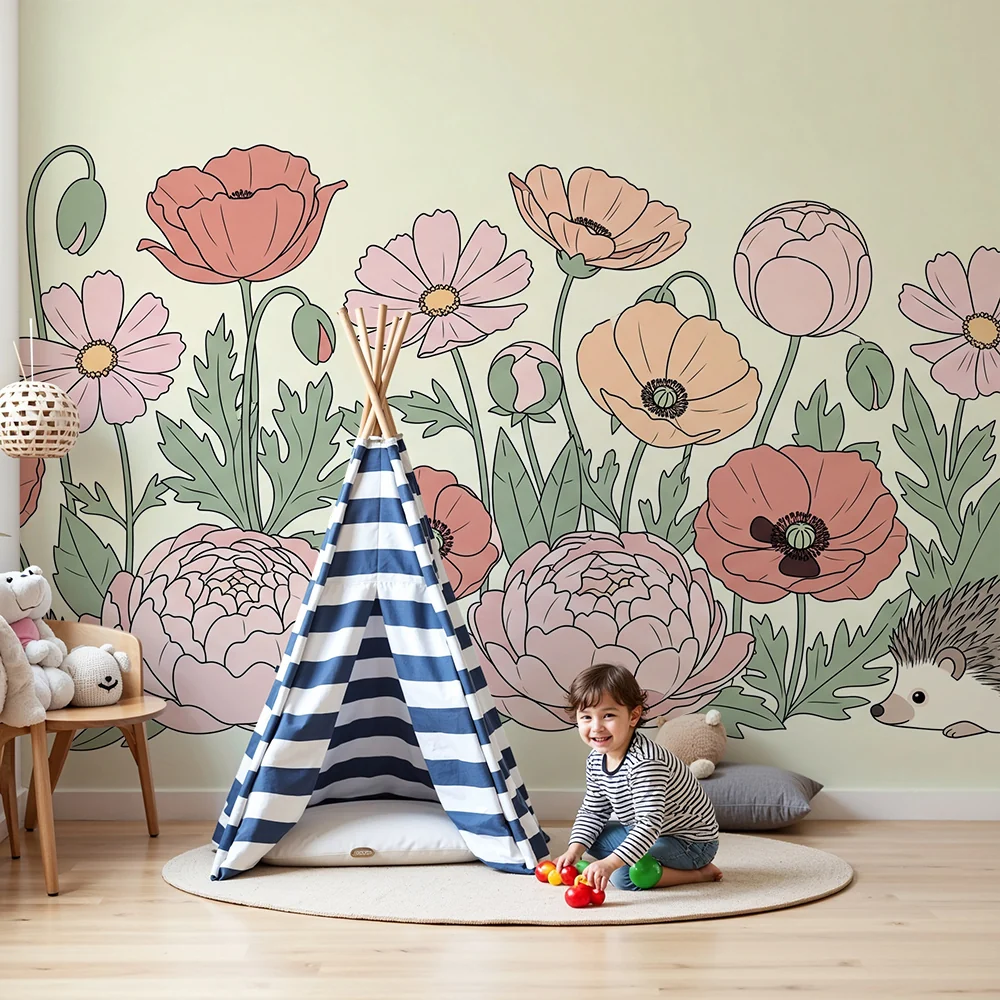 Nursery room wallpaper | Hedgehogs and soft flowers