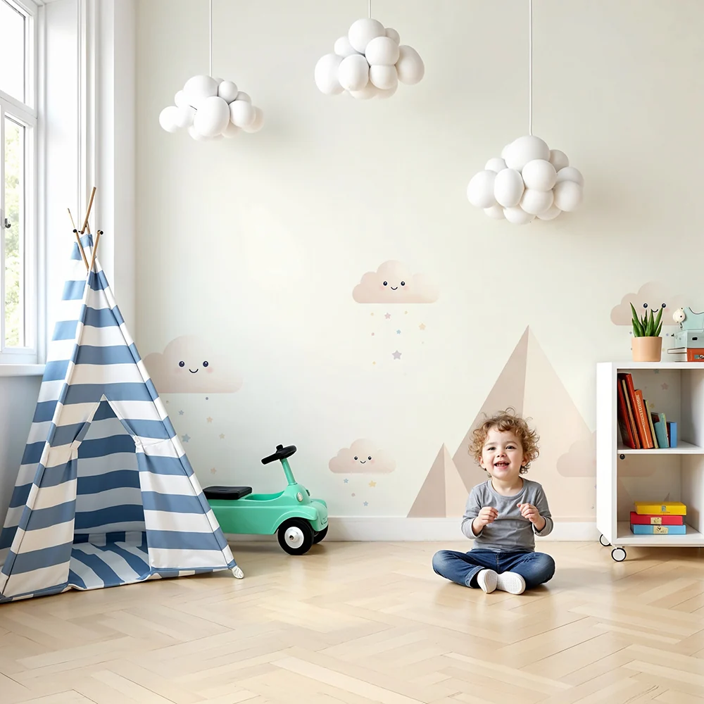 Nursery room wallpaper | Hegyek felhők és csillagok esője