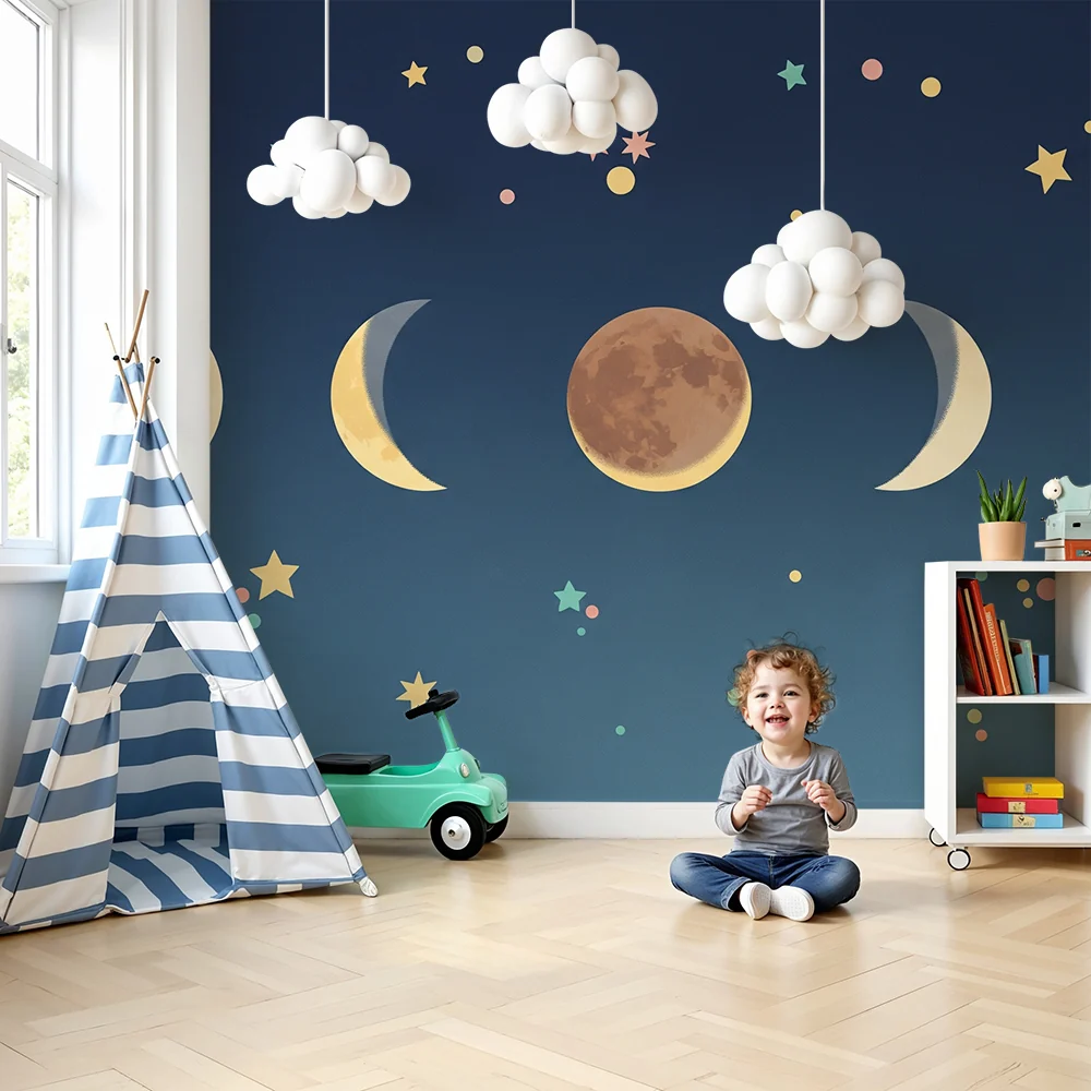 Nursery room wallpaper | Hold- és színes csillagok fázisai az éjszakai égen
