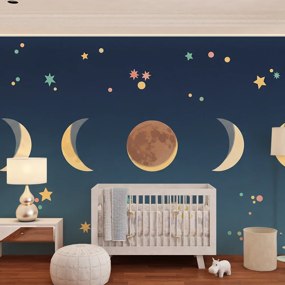 Nursery room wallpaper | Hold- és színes csillagok fázisai az éjszakai égen