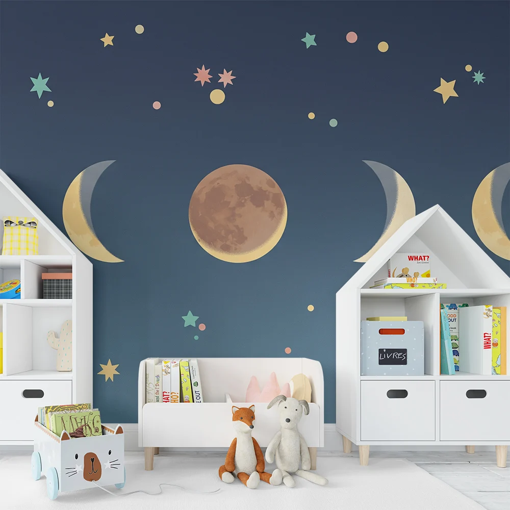 Nursery room wallpaper | Hold- és színes csillagok fázisai az éjszakai égen