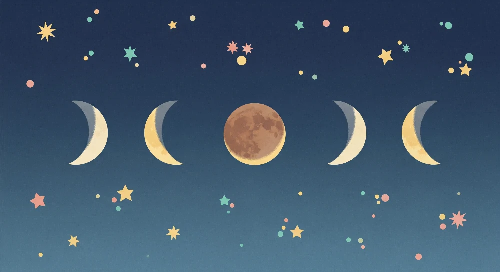 Nursery room wallpaper | Hold- és színes csillagok fázisai az éjszakai égen