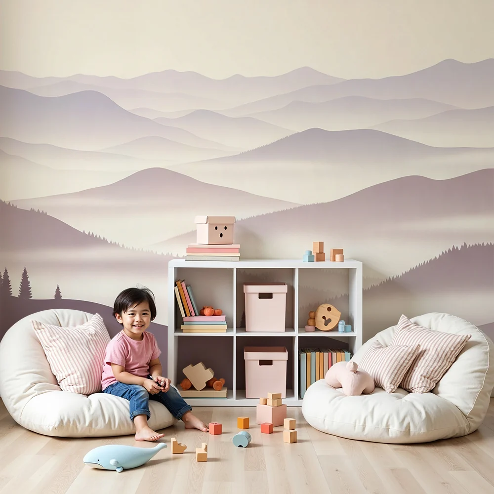 Nursery room wallpaper | Háttér ködös hegyvidék szelíd tónusokban