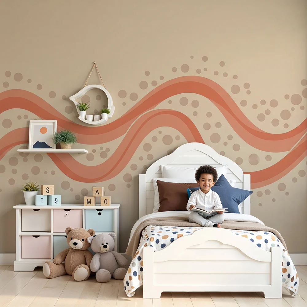 Nursery room wallpaper | Hullámzó rózsaszín és bézs mintákkal, finom pöttyökkel