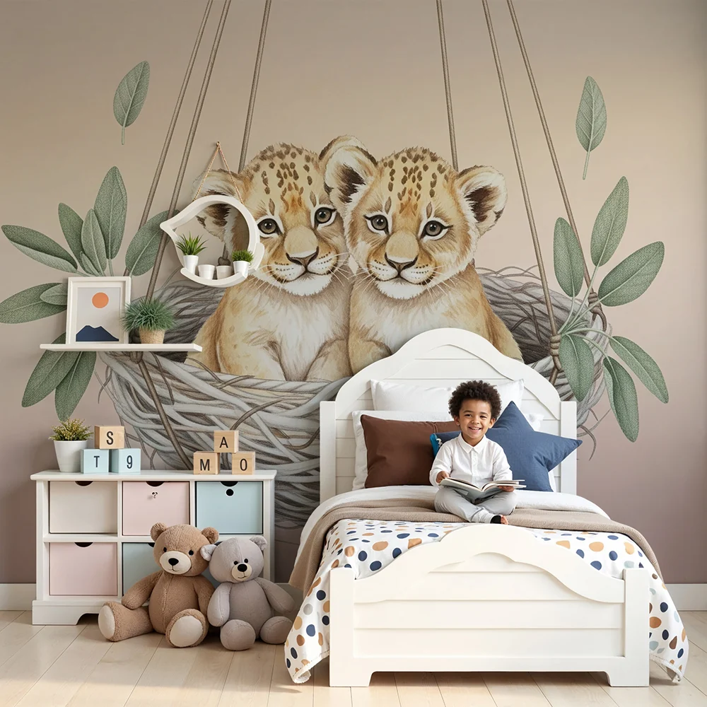 Nursery room wallpaper | Ikrek oroszlánkölykök egy fészekben