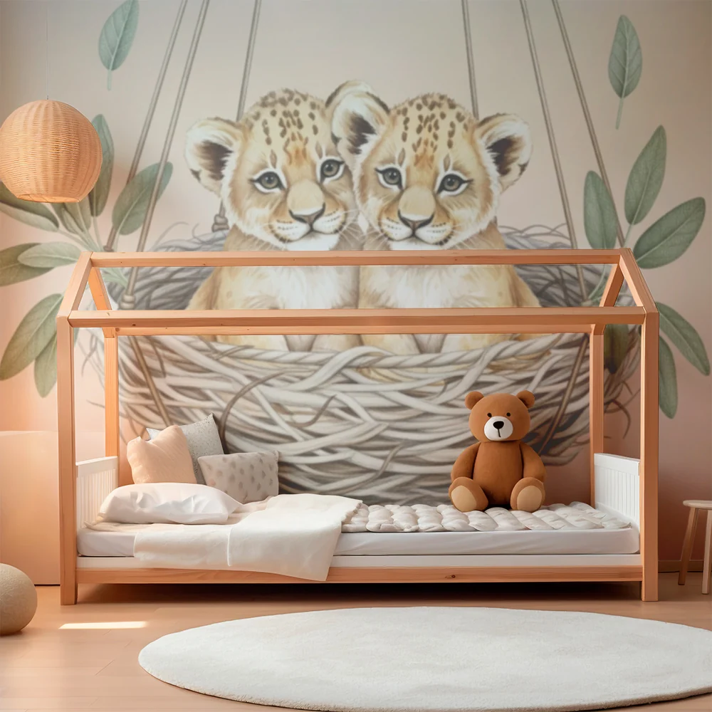 Nursery room wallpaper | Ikrek oroszlánkölykök egy fészekben