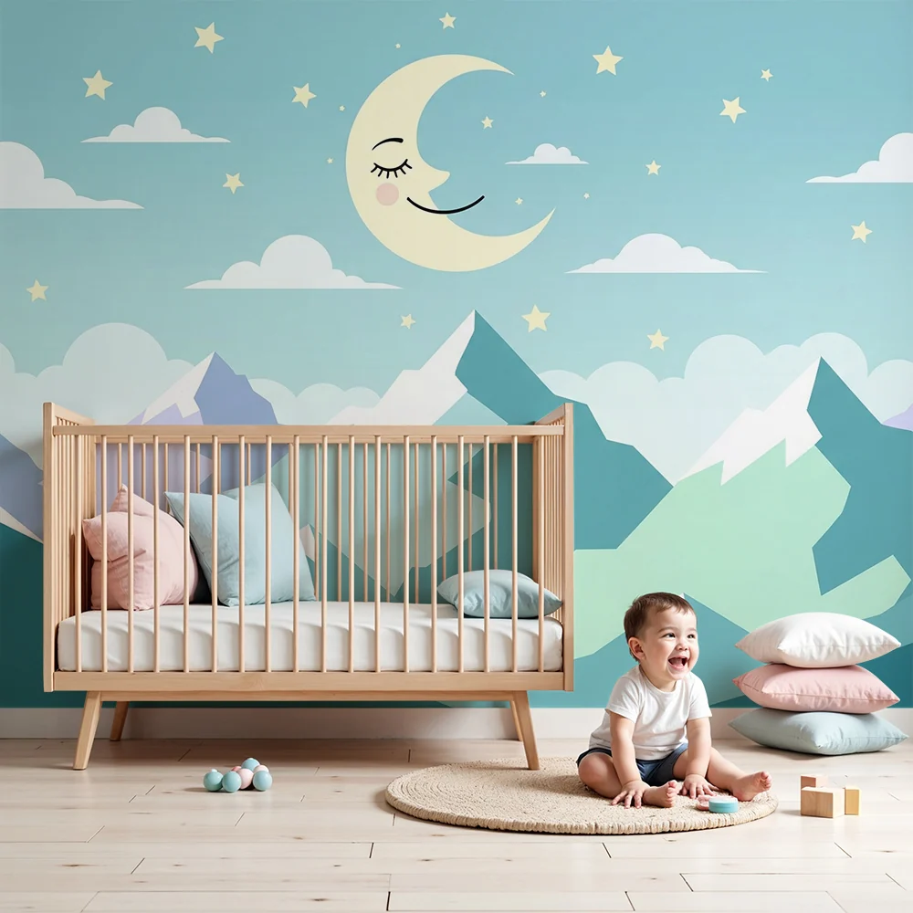 Nursery room wallpaper | Éjszakai égbolt lágy színekkel és hegyekkel
