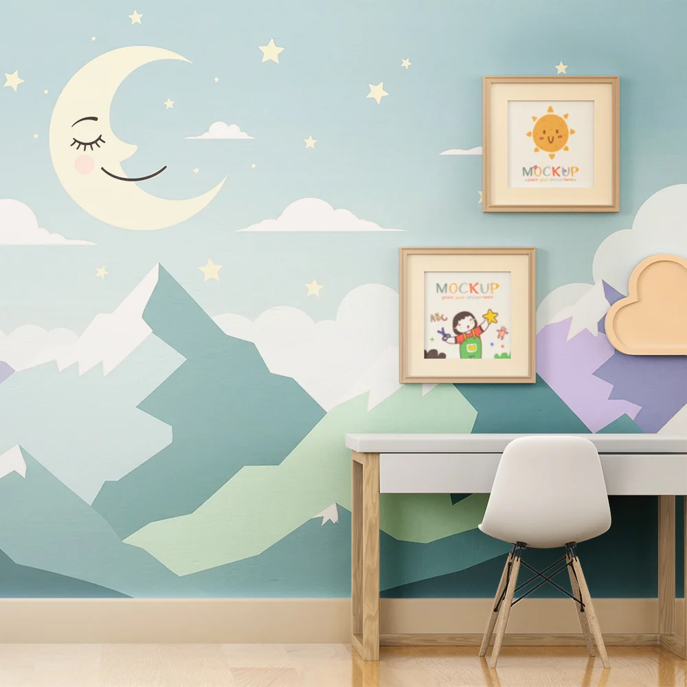 Nursery room wallpaper | Éjszakai égbolt lágy színekkel és hegyekkel