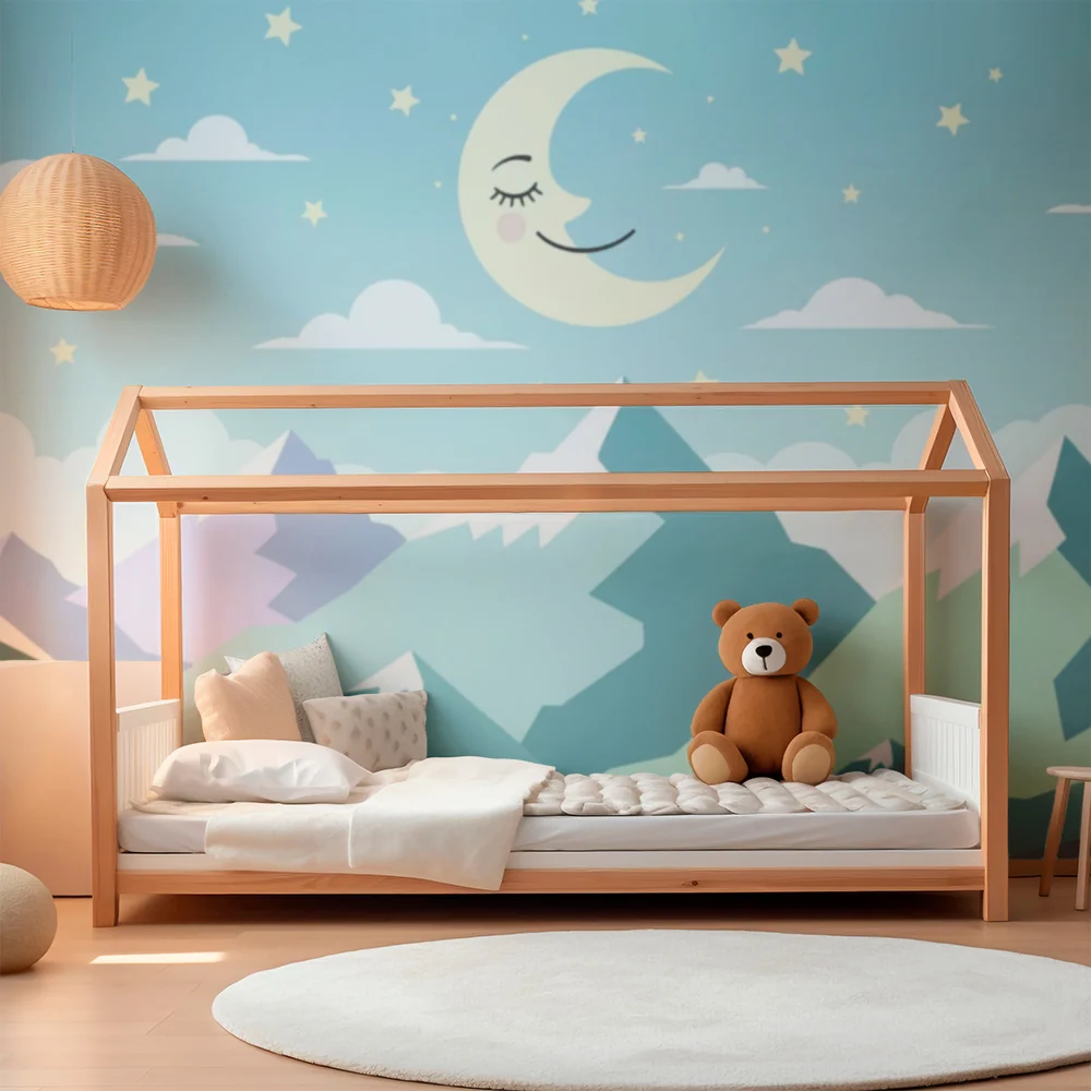 Nursery room wallpaper | Éjszakai égbolt lágy színekkel és hegyekkel