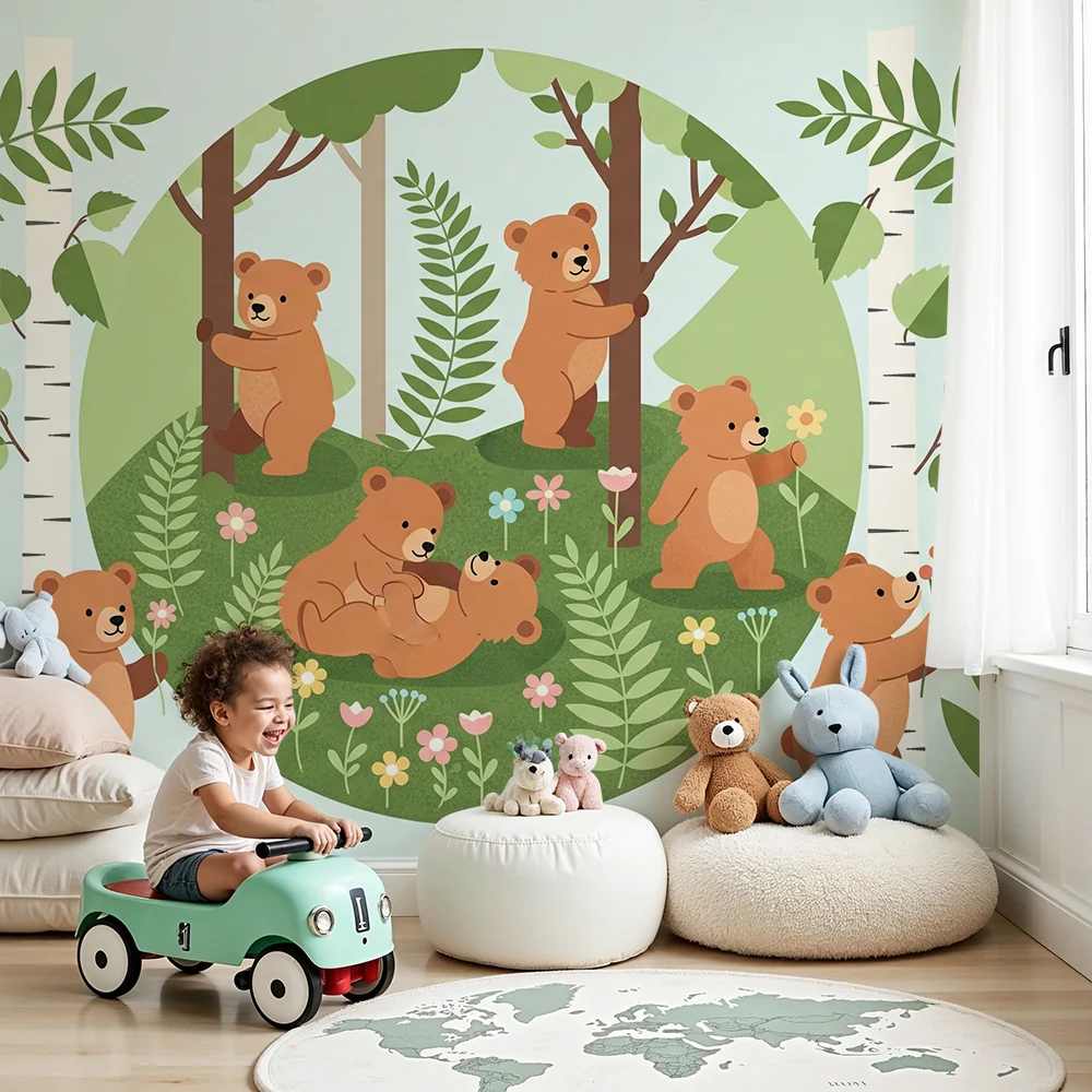 Nursery room wallpaper | Játékos medvék egy varázslatos erdőben