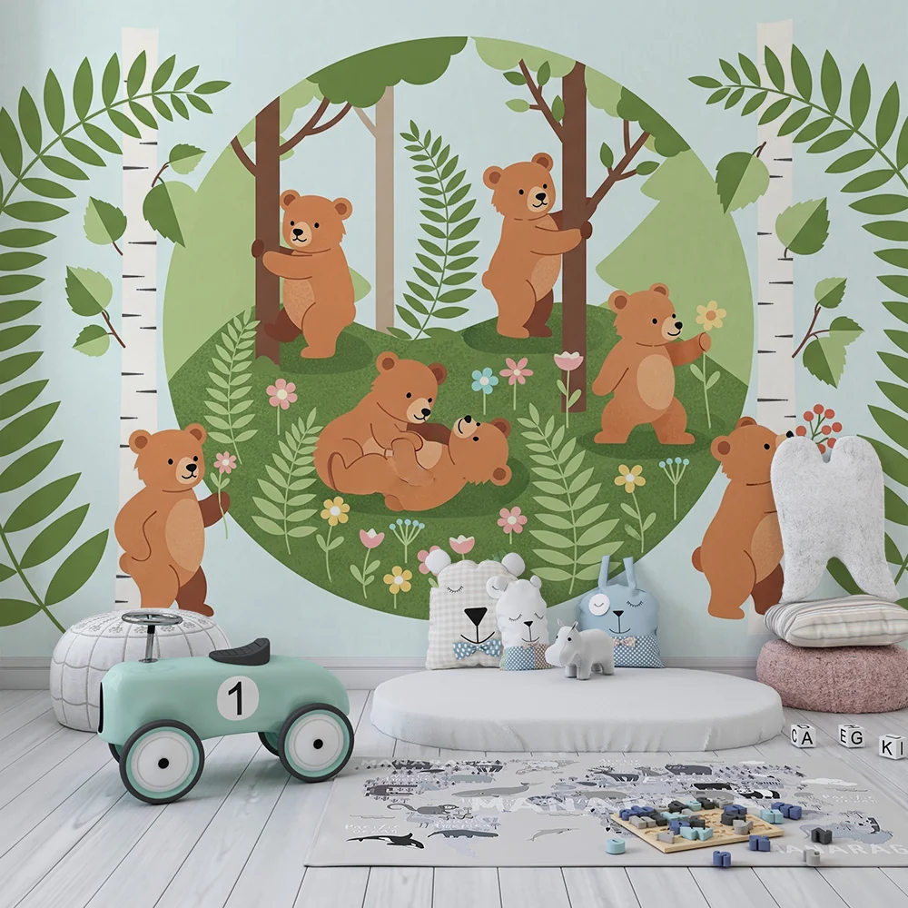 Nursery room wallpaper | Játékos medvék egy varázslatos erdőben