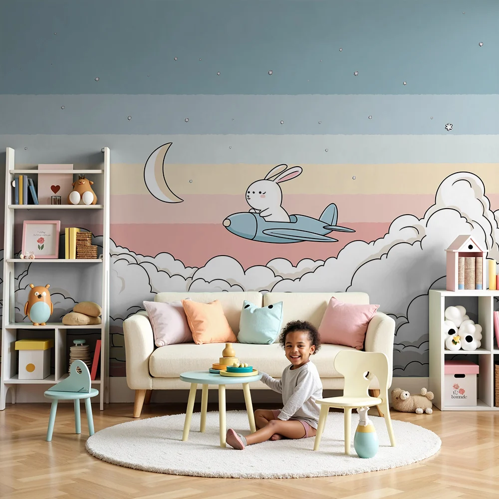 Nursery room wallpaper | Kalandor nyuszi pasztell égboltban