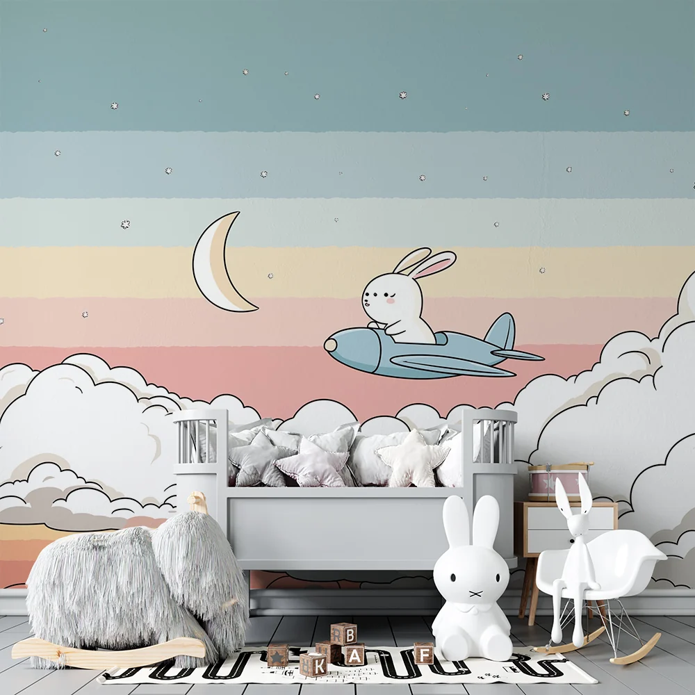 Nursery room wallpaper | Kalandor nyuszi pasztell égboltban