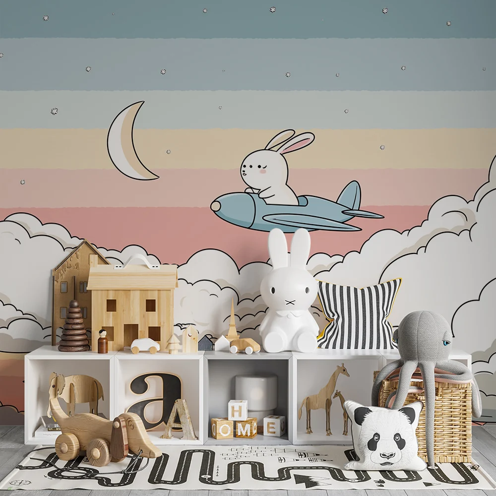 Nursery room wallpaper | Kalandor nyuszi pasztell égboltban