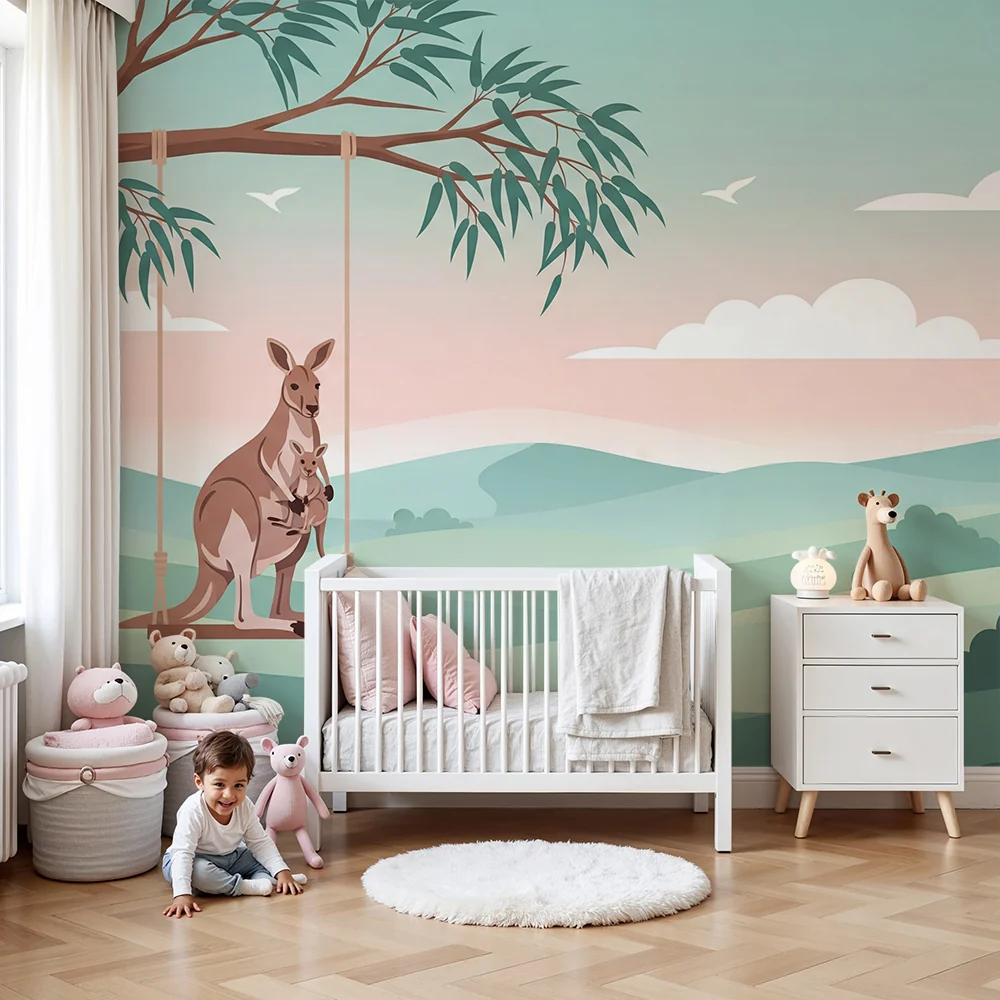 Nursery room wallpaper | Kenguruk hintában egy lágy tájképen