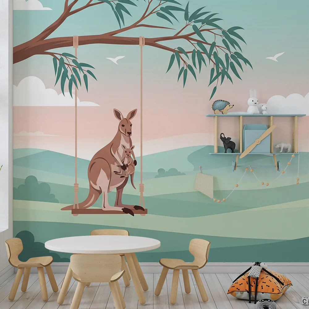 Nursery room wallpaper | Kenguruk hintában egy lágy tájképen