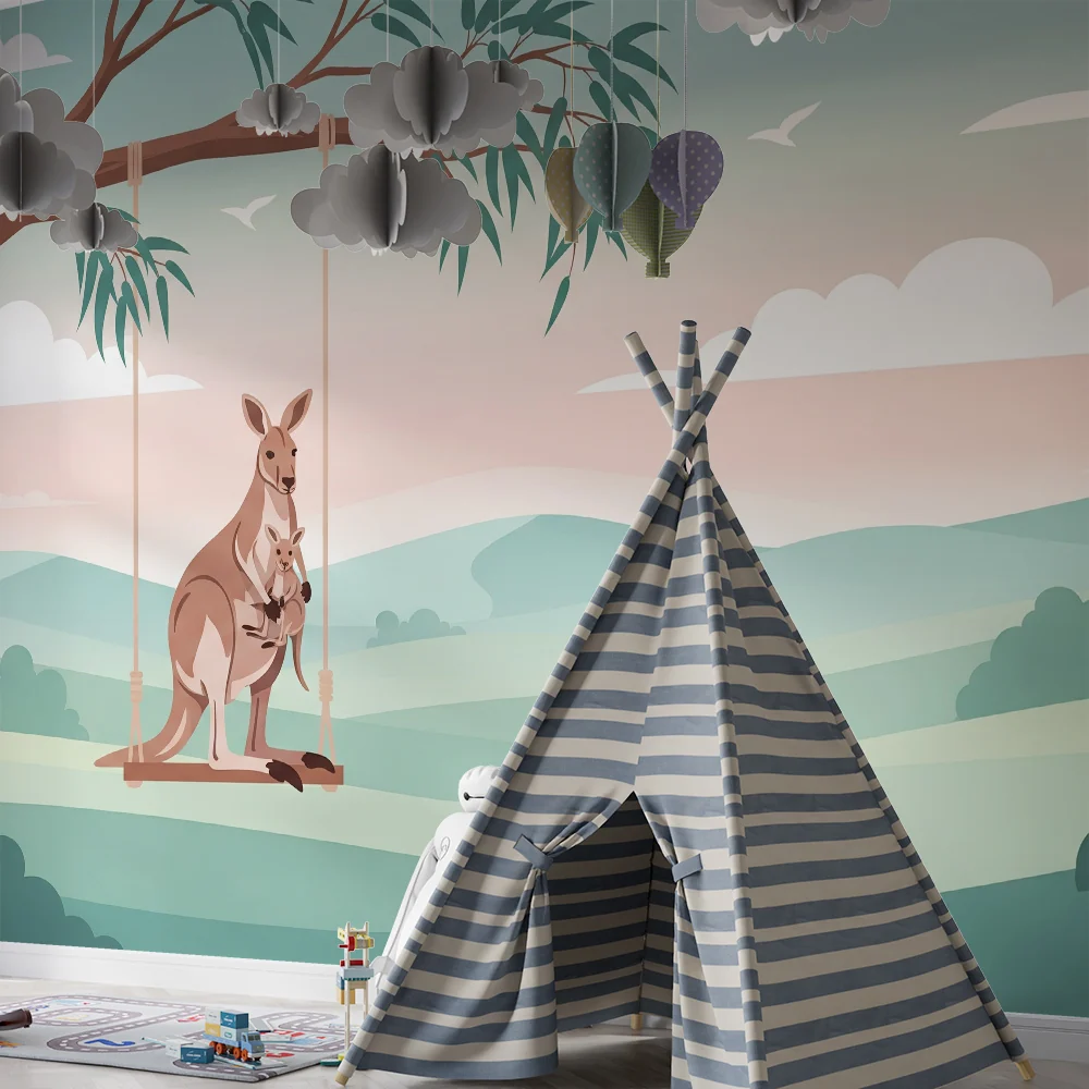 Nursery room wallpaper | Kenguruk hintában egy lágy tájképen