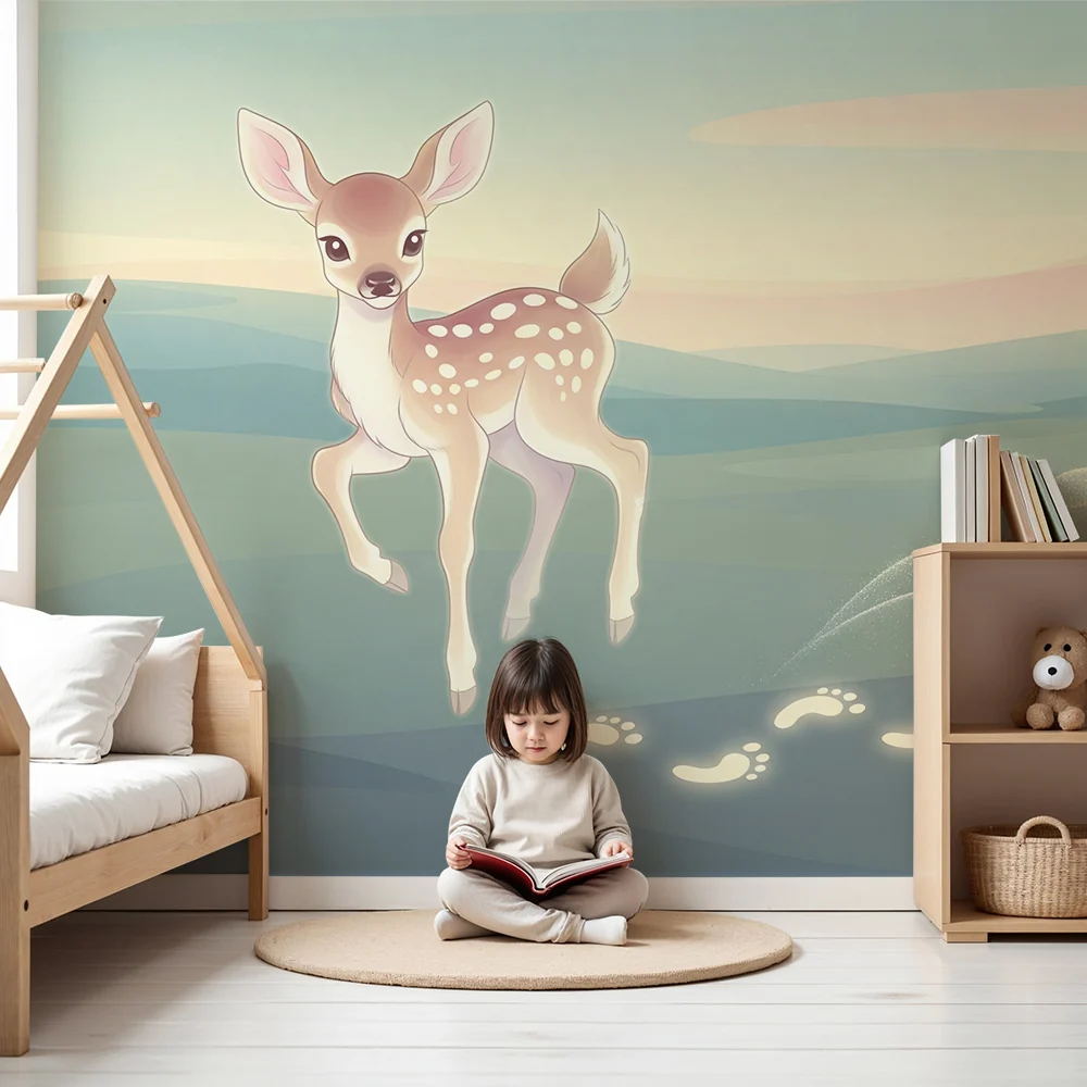 Nursery room wallpaper | Kis őz egy lágy és nyugtató tájban