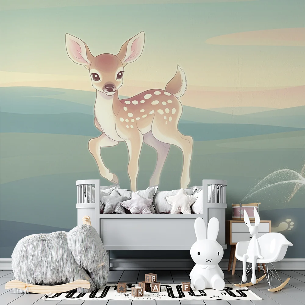 Nursery room wallpaper | Kis őz egy lágy és nyugtató tájban