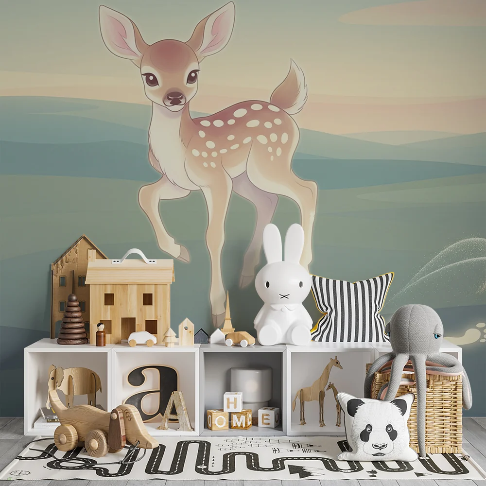 Nursery room wallpaper | Kis őz egy lágy és nyugtató tájban