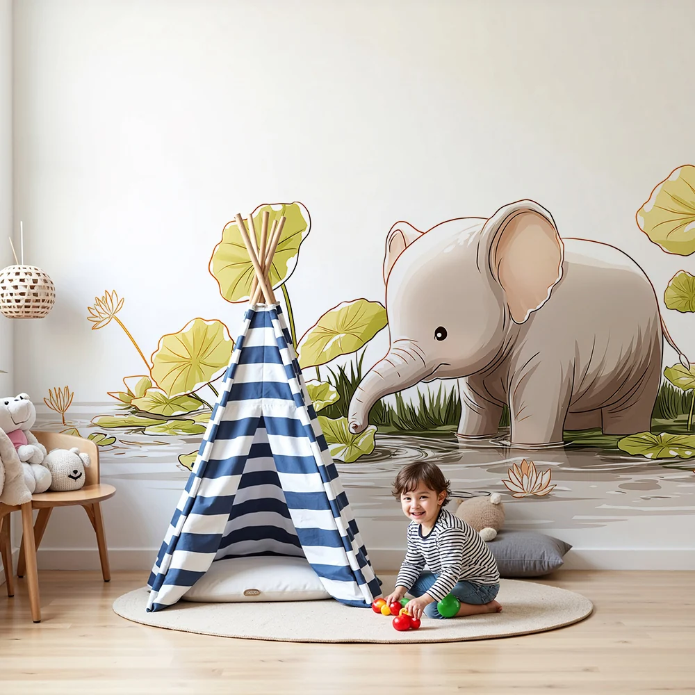 Nursery room wallpaper | Kis elefánt játszik vízparton vízililiommal