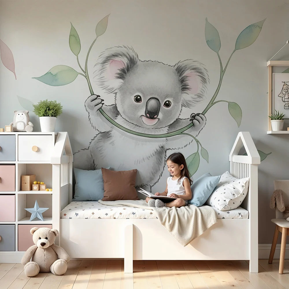 Nursery room wallpaper | Kis koala függő és finom levelek