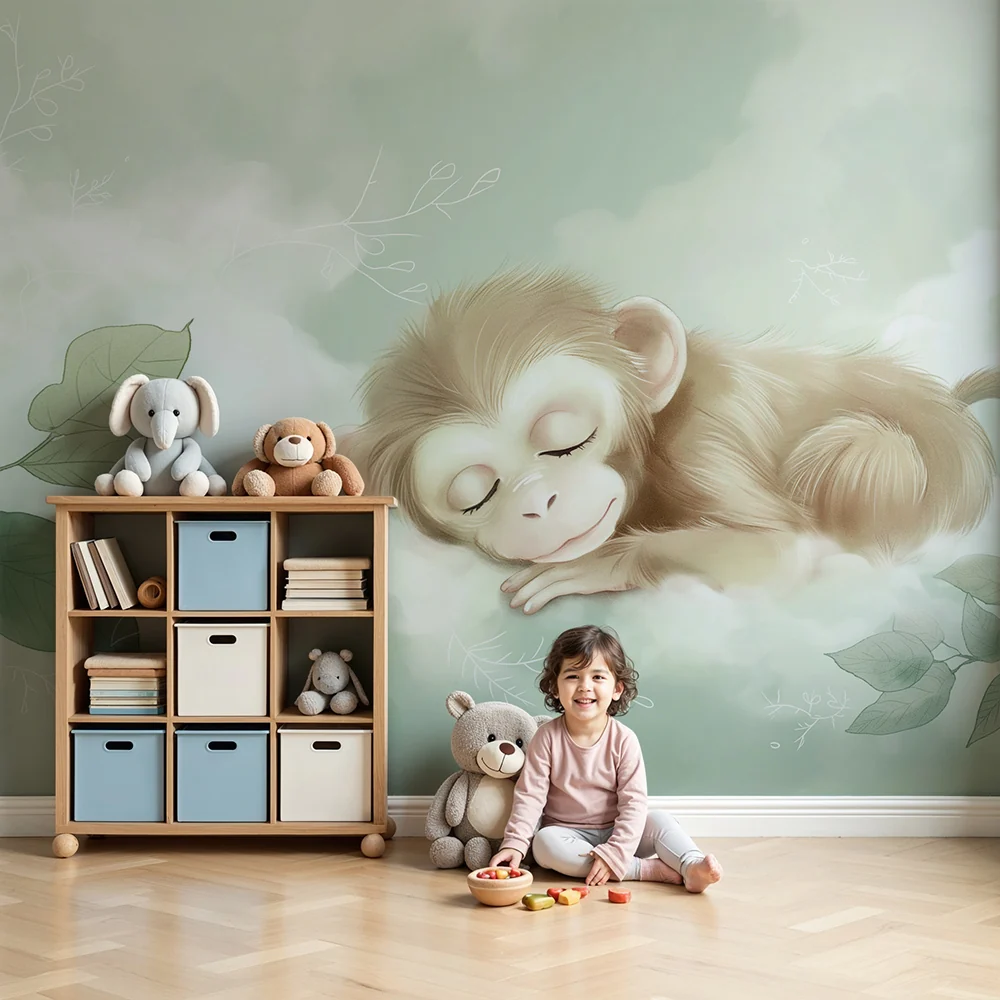 Nursery room wallpaper | Kis majom aludt puha levelek között