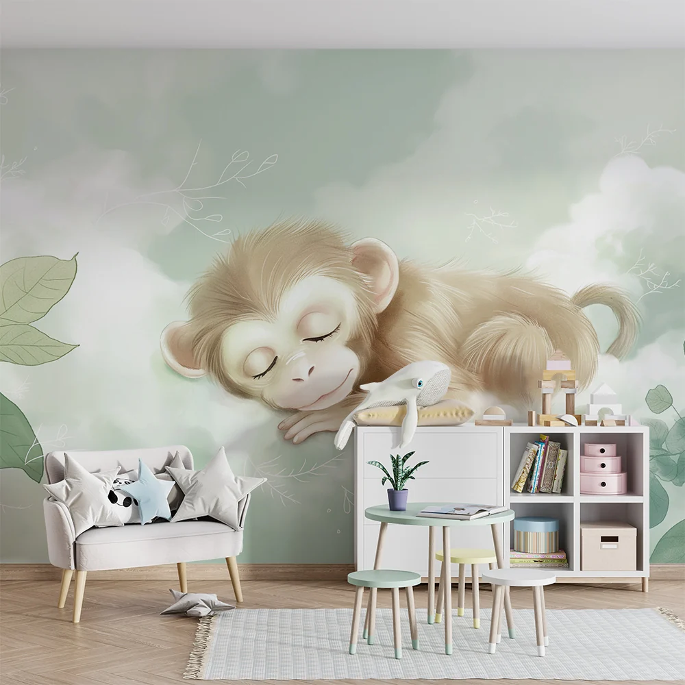 Nursery room wallpaper | Kis majom aludt puha levelek között
