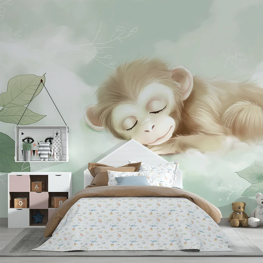 Nursery room wallpaper | Kis majom aludt puha levelek között
