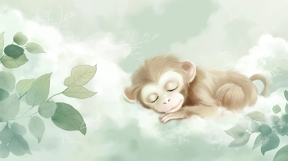 Nursery room wallpaper | Kis majom aludt puha levelek között